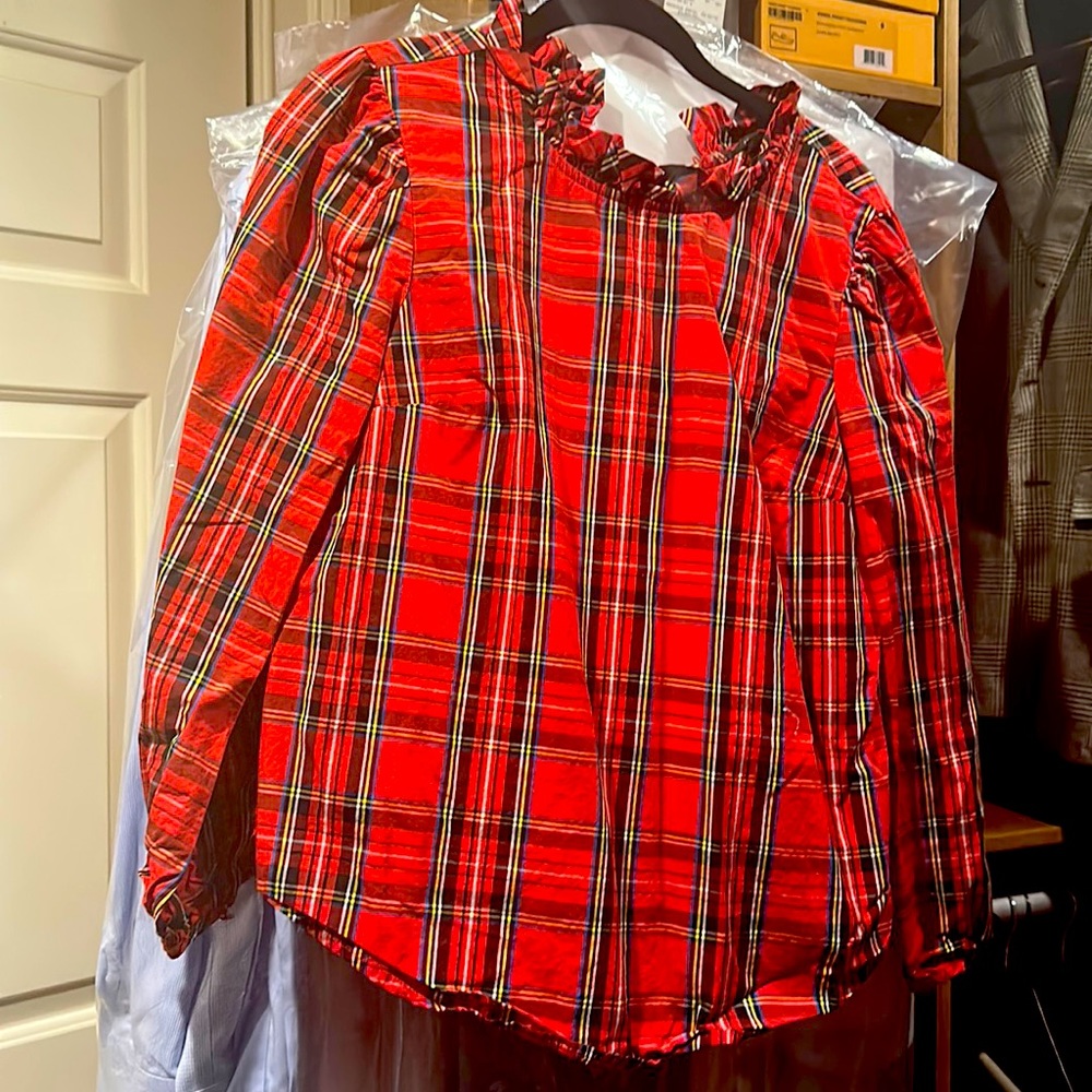 Tartan shirt with ruffle trim neck